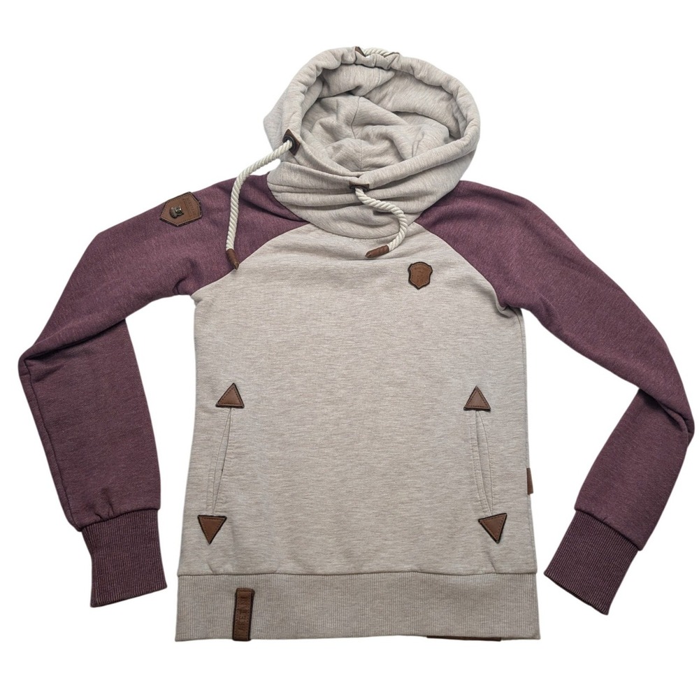 Naketano Hoodie Women Small Grey‎ Purple Colorblock Cowl Neck Pullover